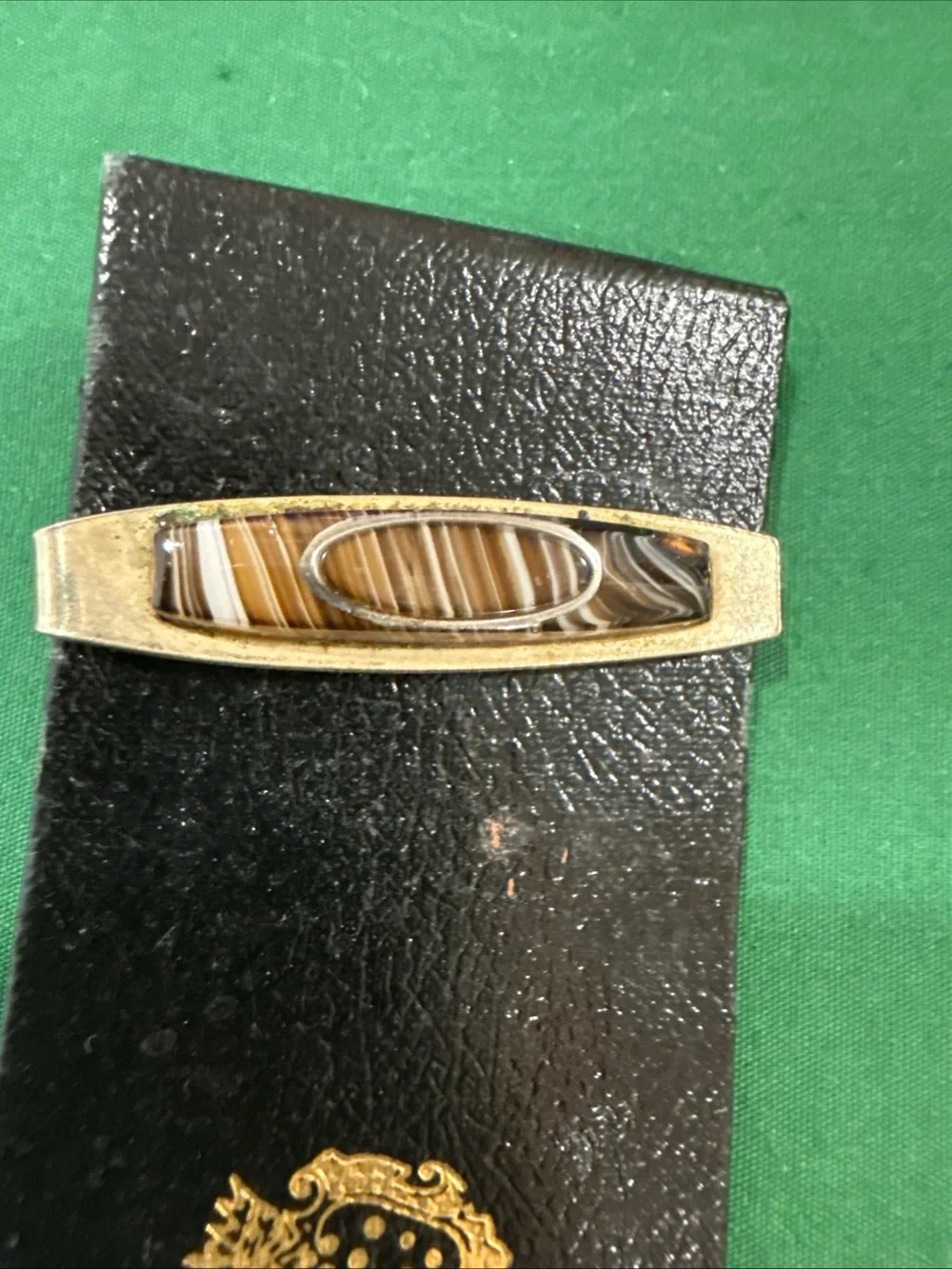 Gold-Tone Brown Striped Agate Men's Tie Bar